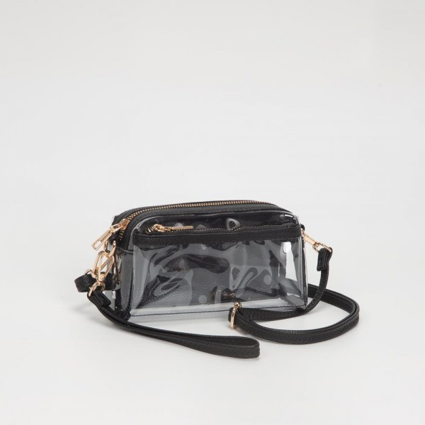 Clear Vegan Crossbody Wristlet Clutch

- Zip Closure
- Removable Straps: Leather & Canvas
- Approximately 4" T X 7" L X 2" W
- Straps Adjustable: 30" L

