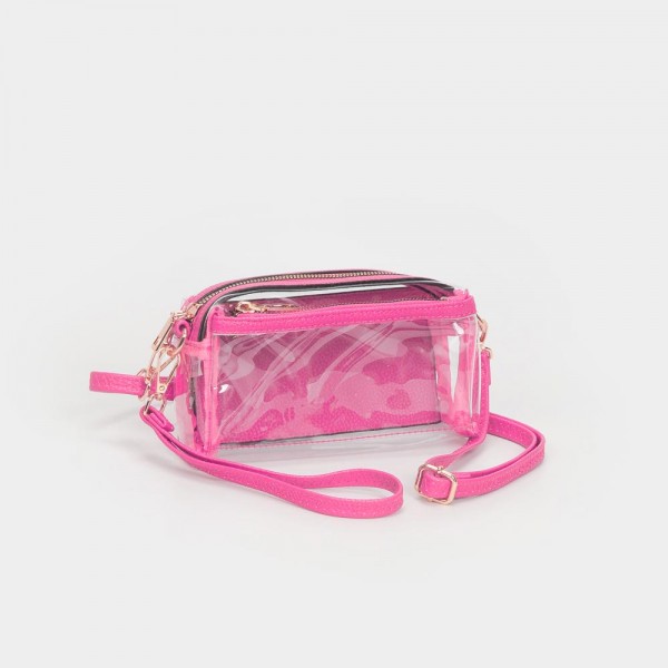 Clear Vegan Crossbody Wristlet Clutch

- Zip Closure
- Removable Straps: Leather & Canvas
- Approximately 4" T X 7" L X 2" W
- Straps Adjustable: 30" L

