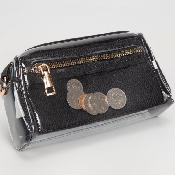 Clear Vegan Crossbody Wristlet Clutch - Zip Closure - Removable Straps: Leather & Canvas - Approximately 4" T X 7" L X 2" W - Straps Adjustable: 30" L view 5
