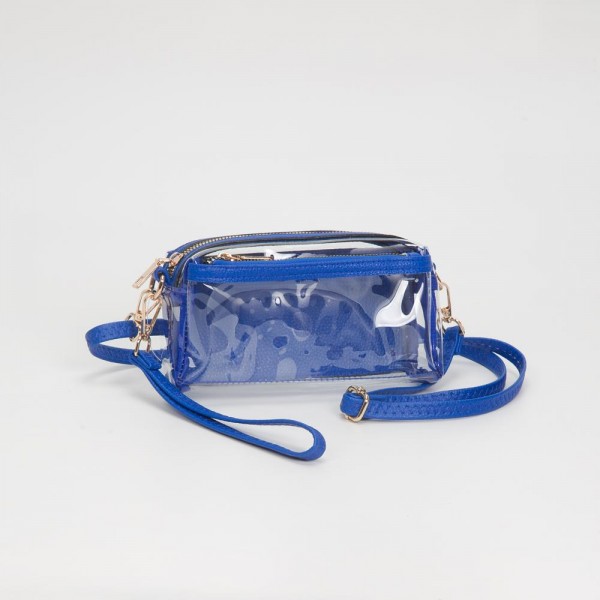 Clear Vegan Crossbody Wristlet Clutch

- Zip Closure
- Removable Straps: Leather & Canvas
- Approximately 4" T X 7" L X 2" W
- Straps Adjustable: 30" L

