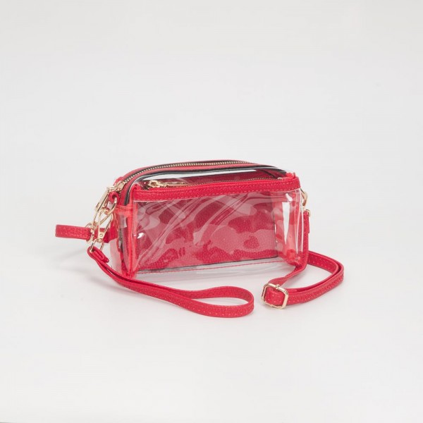 Clear Vegan Crossbody Wristlet Clutch

- Zip Closure
- Removable Straps: Leather & Canvas
- Approximately 4" T X 7" L X 2" W
- Straps Adjustable: 30" L

