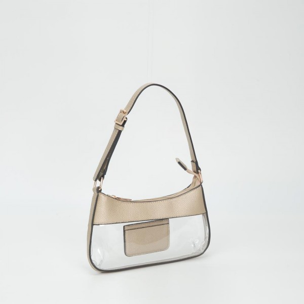 Clear Small Tote Bag Featuring Vegan Leather Details 

- Zip Closure 
- One Inner Card Pocket
- Adjustable Buckle Handle 
- Approximately 5.5" T X 10.5" L X .75" W