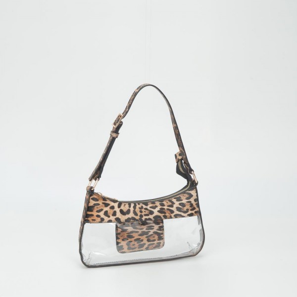 Clear Small Tote Bag Featuring Vegan Leather Details 

- Zip Closure 
- One Inner Card Pocket
- Adjustable Buckle Handle 
- Approximately 5.5" T X 10.5" L X .75" W