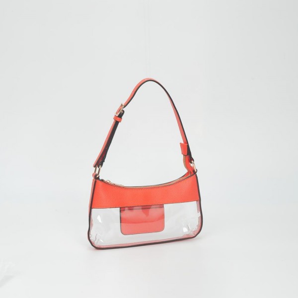 Clear Small Tote Bag Featuring Vegan Leather Details 

- Zip Closure 
- One Inner Card Pocket
- Adjustable Buckle Handle 
- Approximately 5.5" T X 10.5" L X .75" W