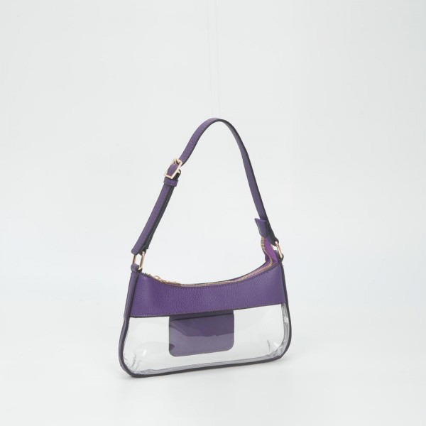 Clear Small Tote Bag Featuring Vegan Leather Details 

- Zip Closure 
- One Inner Card Pocket
- Adjustable Buckle Handle 
- Approximately 5.5" T X 10.5" L X .75" W