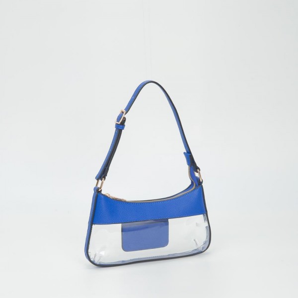 Clear Small Tote Bag Featuring Vegan Leather Details 

- Zip Closure 
- One Inner Card Pocket
- Adjustable Buckle Handle 
- Approximately 5.5" T X 10.5" L X .75" W