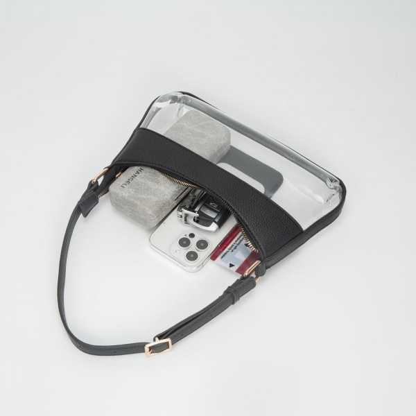 Clear Small Tote Bag Featuring Vegan Leather Details 

- Zip Closure 
- One Inner Card Pocket
- Adjustable Buckle Handle 
- Approximately 5.5" T X 10.5" L X .75" W