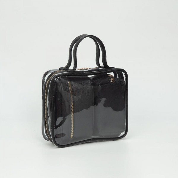 Clear Square Tote Bag With Vegan Leather Trim

- Three Vegan Leather Pouches Included 
- Full Zip Closure 
- Approximately 10" L X 9" T X 3" D
- Handle Drop 4" L