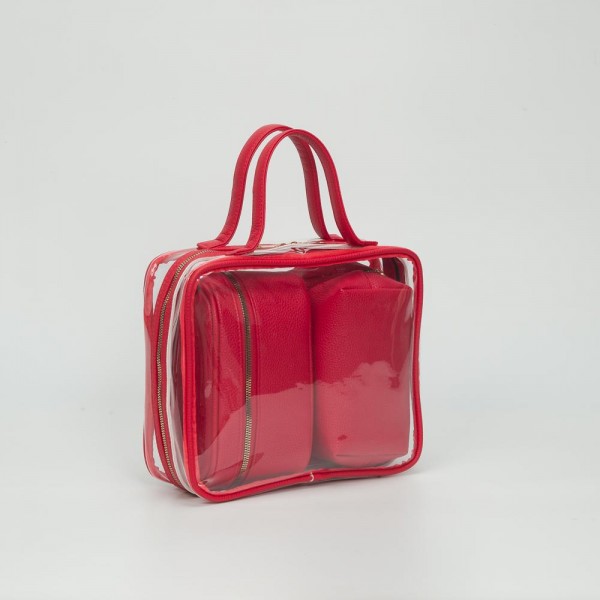 Clear Square Tote Bag With Vegan Leather Trim

- Three Vegan Leather Pouches Included 
- Full Zip Closure 
- Approximately 10" L X 9" T X 3" D
- Handle Drop 4" L