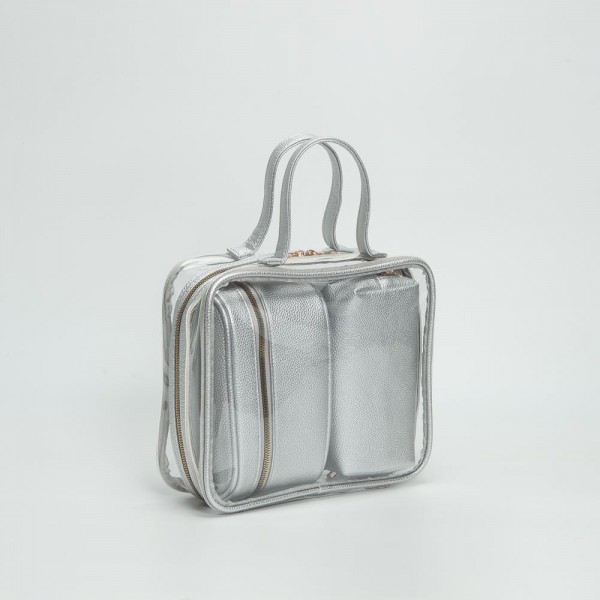 Clear Square Tote Bag With Vegan Leather Trim

- Three Vegan Leather Pouches Included 
- Full Zip Closure 
- Approximately 10" L X 9" T X 3" D
- Handle Drop 4" L