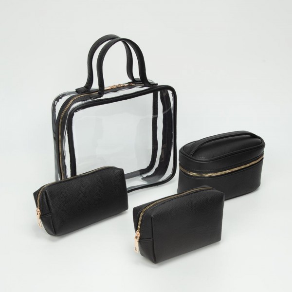 Clear Square Tote Bag With Vegan Leather Trim

- Three Vegan Leather Pouches Included 
- Full Zip Closure 
- Approximately 10" L X 9" T X 3" D
- Handle Drop 4" L