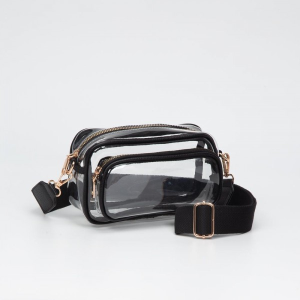 Clear Crossbody Bag With Vegan Leather Trim & Clear Outer Pockets

- Zip Closure
- Removable Vegan Leather Crossbody Strap
- Approximately 8" L X 5" T X 3" D
- Strap Drop 34" - 51" L
