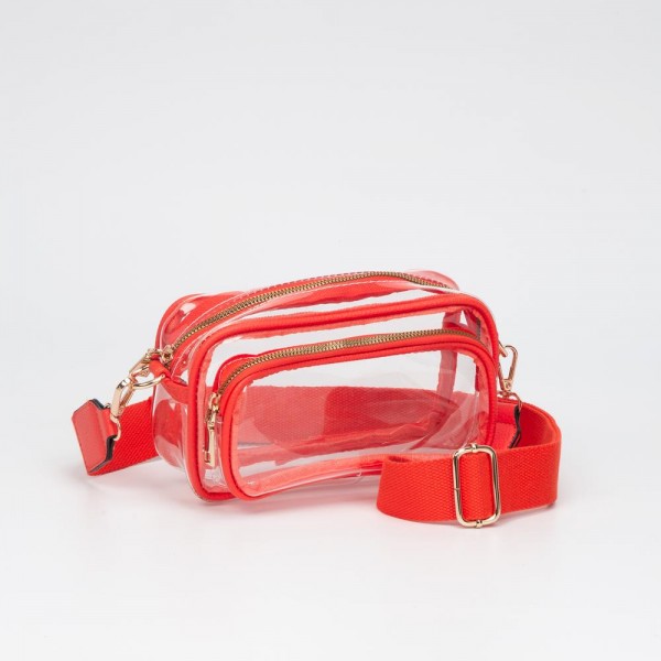 Clear Crossbody Bag With Vegan Leather Trim & Clear Outer Pockets

- Zip Closure
- Removable Vegan Leather Crossbody Strap
- Approximately 8" L X 5" T X 3" D
- Strap Drop 34" - 51" L
