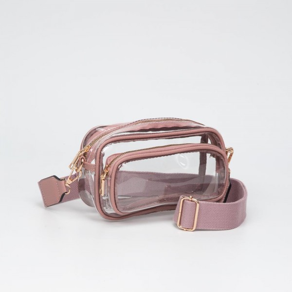 Clear Crossbody Bag With Vegan Leather Trim & Clear Outer Pockets

- Zip Closure
- Removable Vegan Leather Crossbody Strap
- Approximately 8" L X 5" T X 3" D
- Strap Drop 34" - 51" L
