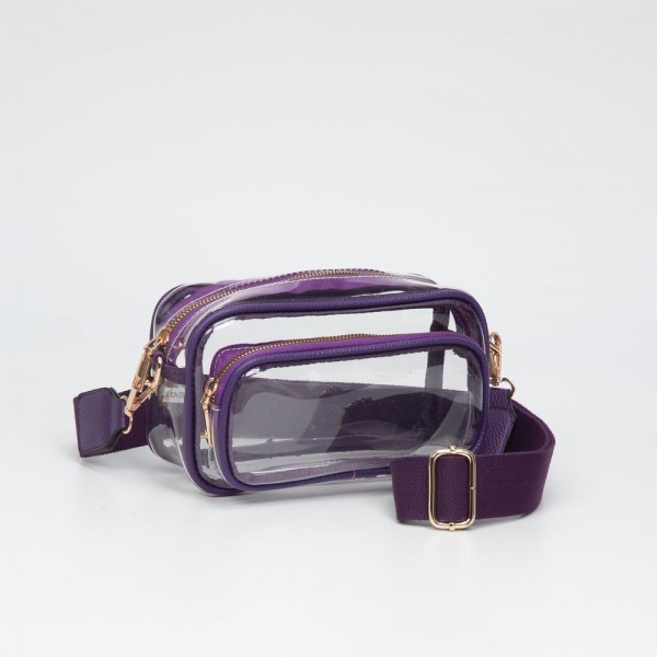 Clear Crossbody Bag With Vegan Leather Trim & Clear Outer Pockets

- Zip Closure
- Removable Vegan Leather Crossbody Strap
- Approximately 8" L X 5" T X 3" D
- Strap Drop 34" - 51" L
