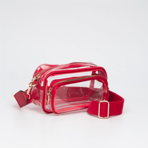 Clear Crossbody Bag With Vegan Leather Trim & Clear Outer Pockets

- Zip Closure
- Removable Vegan Leather Crossbody Strap
- Approximately 8" L X 5" T X 3" D
- Strap Drop 34" - 51" L
