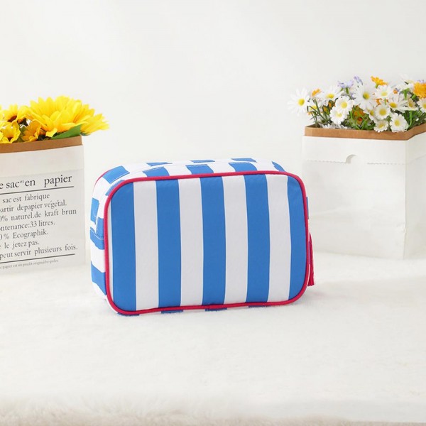 Striped Nylon Padded Pouch With Tassels 

- Full Zip Closure 
- Lined Body 
- Approximately  9.25" L X 6.25" T X 2.5" D