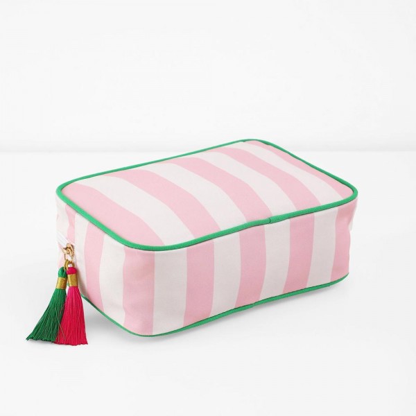 Striped Nylon Padded Pouch With Tassels 

- Full Zip Closure 
- Lined Body 
- Approximately  9.25" L X 6.25" T X 2.5" D