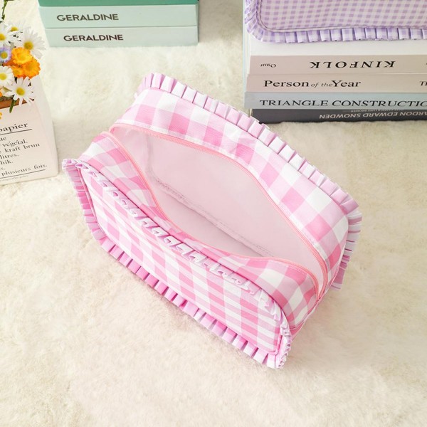Nylon Gingham Pouch With Ruffe Edges - Fill Zip Closure - Lined Body with Open Pocket - Approximately 10.5" L X 7" T X 3.5" D view 5