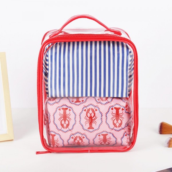 Clear Bag With Lobster & Stripe Pouches Included

- All Have Full Zip Closures 
- Inside Pouches Have Lined Body 
- Outside Clear Bag 10" T X 8" L X 3" D
- Inside Pouches 4.5" T X 6.5" L X 2.5" D