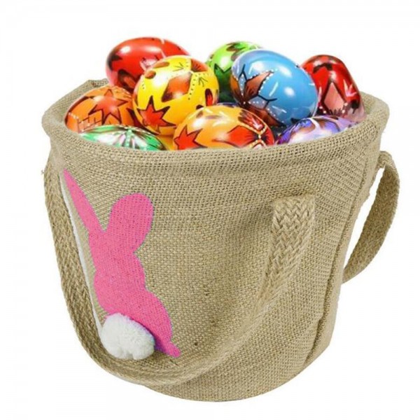 Burlap Easter Basket With Painted Easter Bunny & Pom Tail 

- Gingham Inside
- Approximately 12" L X 8.5" T X 6" D

