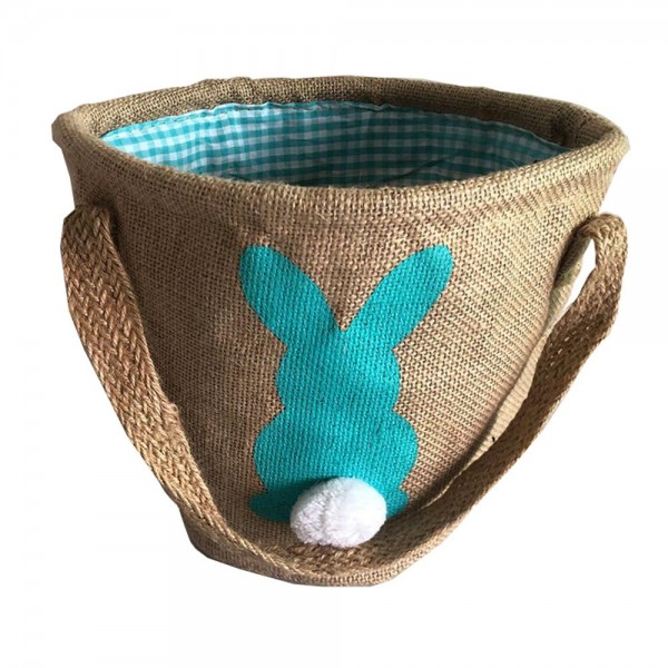 Burlap Easter Basket With Painted Easter Bunny & Pom Tail 

- Gingham Inside
- Approximately 12" L X 8.5" T X 6" D

