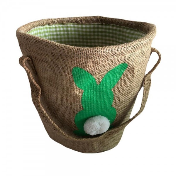 Burlap Easter Basket With Painted Easter Bunny & Pom Tail 

- Gingham Inside
- Approximately 12" L X 8.5" T X 6" D

