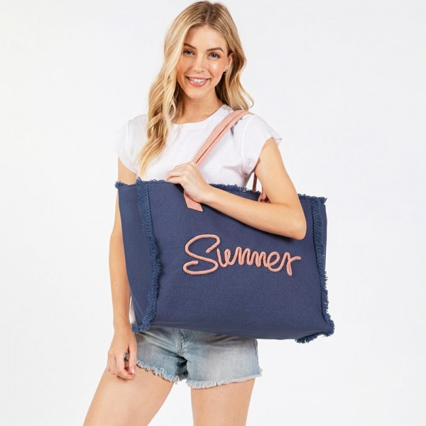 Sewn Rope 'Summer' Letter Fringed Canvas Tote Bag

- Full Zipper Closure
- Lined Body with Open Pocket
- Approximately 17.5" W X 14"T X 5" D
- 100% Polyester 