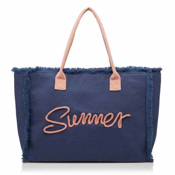 Sewn Rope 'Summer' Letter Fringed Canvas Tote Bag

- Full Zipper Closure
- Lined Body with Open Pocket
- Approximately 17.5" W X 14"T X 5" D
- 100% Polyester 