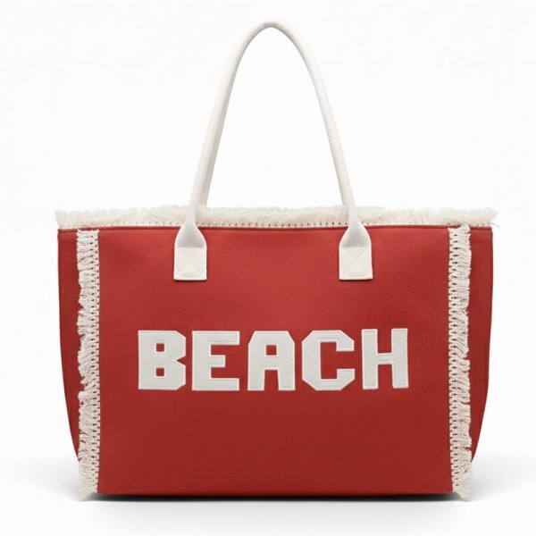 Canvas Tote Bag With "BEACH" Embroidered Canvas Patches Featuring Fringes Accents 

- Full Zipper Closure
- Lined Body with Open Pocket
- Approximately 22.5" L X 13.5" T X 5" D
- Strap Drop 8" L
- 100% Polyester