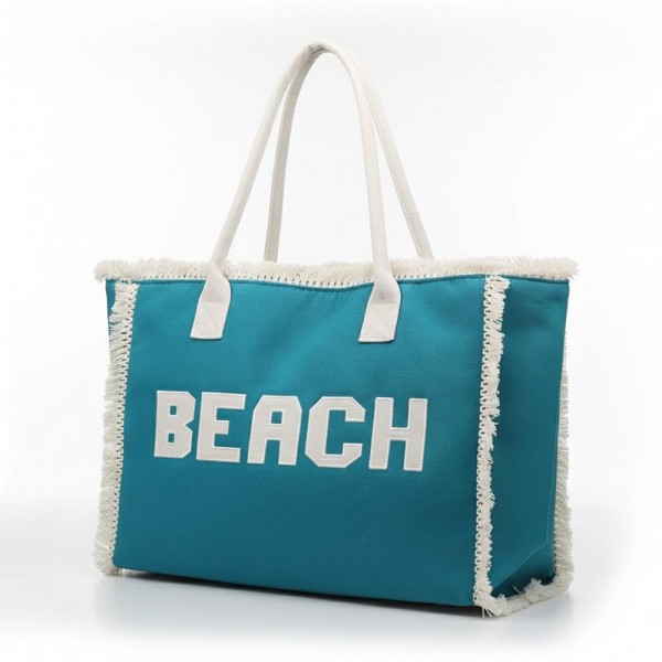 Canvas Tote Bag With "BEACH" Embroidered Canvas Patches Featuring Fringes Accents - Full Zipper Closure - Lined Body with Open Pocket - Approximately 22.5" L X 13.5" T X 5" D - Strap Drop 8" L - 100% Polyester view 5