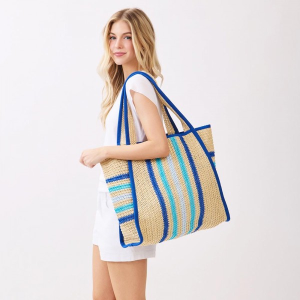 Straw Tote Bag With Multi Color Stripes  

- Snap Closure
- Lined Body with Open Pocket
- Approximately 20" L X 14" T X 5.5" D
- 100% Paper
