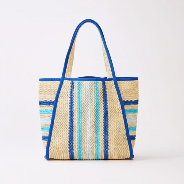 Straw Tote Bag With Multi Color Stripes  

- Snap Closure
- Lined Body with Open Pocket
- Approximately 20" L X 14" T X 5.5" D
- 100% Paper