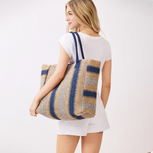 Multi Color Straw Tote Bag - Snap Closure - Lined Body with Open Pocket - Approximately 21" W X 14"T X 6" D - 100% Paper view 5