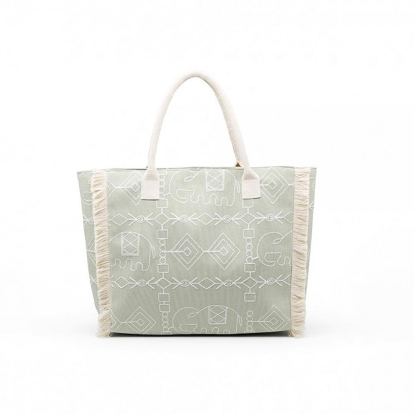 Boho Geometric Elephant Print Tote Bag With Fringe Detail   

- Full Zip Closure
- Lined Body with Open Pocket
- Approximately 21" L X 14.25" T X 5" D
- 100% Polyester 