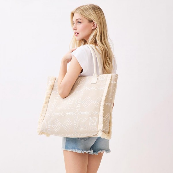 Boho Geometric Elephant Print Tote Bag With Fringe Detail - Full Zip Closure - Lined Body with Open Pocket - Approximately 21" L X 14.25" T X 5" D - 100% Polyester view 5