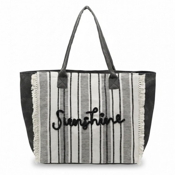 "Sunshine" Stripe Tote Bag With Fringe Detail 

- Snap Closure
- Lined Body with Open Pocket
- Approximately 21.5" L X 14" T X 6" D
- 100% Polyester
