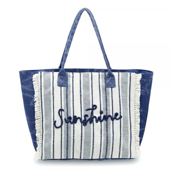 "Sunshine" Stripe Tote Bag With Fringe Detail 

- Snap Closure
- Lined Body with Open Pocket
- Approximately 21.5" L X 14" T X 6" D
- 100% Polyester