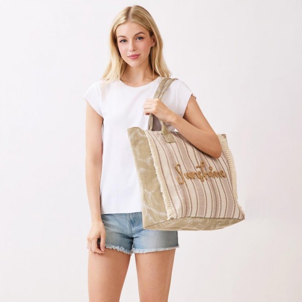 "Sunshine" Stripe Tote Bag With Fringe Detail - Snap Closure - Lined Body with Open Pocket - Approximately 21.5" L X 14" T X 6" D - 100% Polyester view 5
