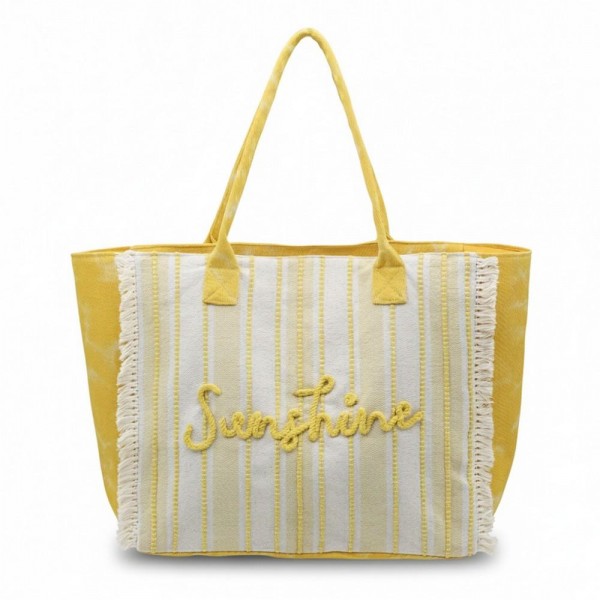 "Sunshine" Stripe Tote Bag With Fringe Detail 

- Snap Closure
- Lined Body with Open Pocket
- Approximately 21.5" L X 14" T X 6" D
- 100% Polyester