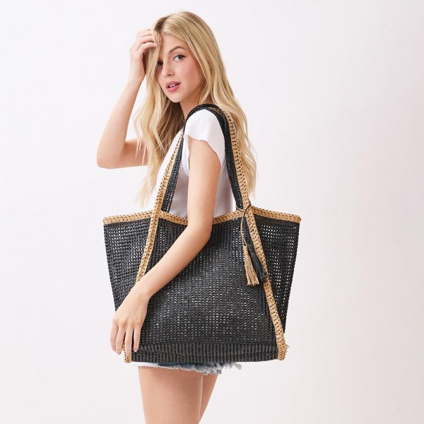 Two Tone Woven Straw Tote Bag With Tassel 

- Snap Closure
- Lined Body with Open Pocket
- Approximately 20.5" W X 13.5"T X 6" D
- 100% Paper
