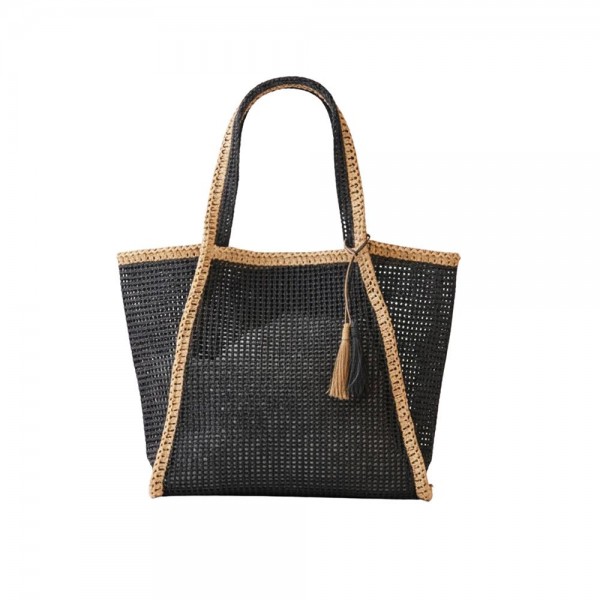 Two Tone Woven Straw Tote Bag With Tassel 

- Snap Closure
- Lined Body with Open Pocket
- Approximately 20.5" W X 13.5"T X 6" D
- 100% Paper