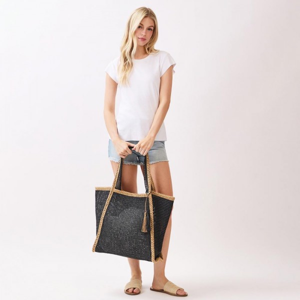 Two Tone Woven Straw Tote Bag With Tassel - Snap Closure - Lined Body with Open Pocket - Approximately 20.5" W X 13.5"T X 6" D - 100% Paper view 5