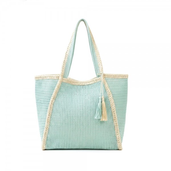 Two Tone Woven Straw Tote Bag With Tassel 

- Snap Closure
- Lined Body with Open Pocket
- Approximately 20.5" W X 13.5"T X 6" D
- 100% Paper