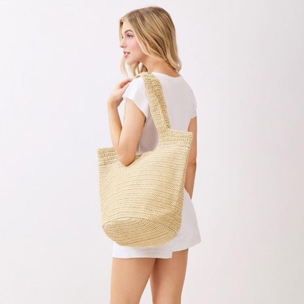 Round Bottom Woven Straw Tote Bag - Snap Closure - Lined Body with Open Pocket - Approximately 20" L X 14" T X 5.5" D - 100% Paper view 5