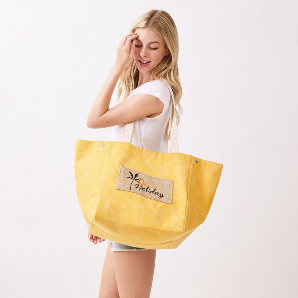 2 In 1 Shoulder & Bucket Style Canvas Tote Bag With Burlap Patch Detail 

- Snap Closure
- Lined Body with Open Pocket
- Approximately 22" L X 13" T X 9.5" D
- 90% Polyester / 10% Burlap 