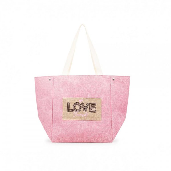 2 In 1 Shoulder & Bucket Style Canvas Tote Bag With Burlap Patch Detail - Snap Closure - Lined Body with Open Pocket - Approximately 22" L X 13" T X 9.5" D - 90% Polyester / 10% Burlap view 5