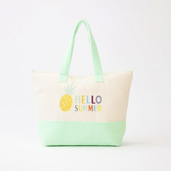"Hello Summer" & Pineapple Print Terry Cloth Tote Bag 

- Full Zip Closure
- Lined Body with Open Pocket
- Approximately 22" L X 16" T X 6" D
- 80% Polyester / 20% Polyamide 