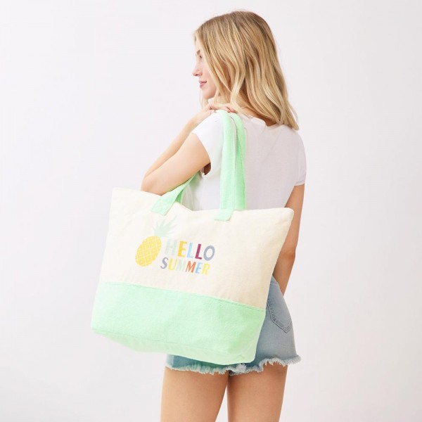 "Hello Summer" & Pineapple Print Terry Cloth Tote Bag - Full Zip Closure - Lined Body with Open Pocket - Approximately 22" L X 16" T X 6" D - 80% Polyester / 20% Polyamide view 5