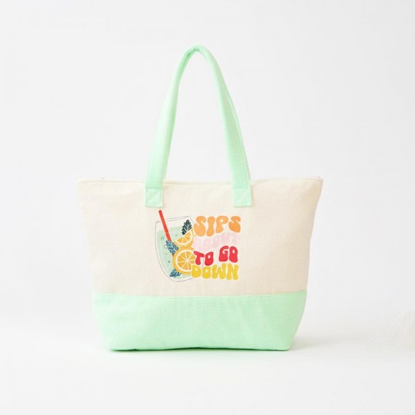 "Sips About To Go Down" Print Terry Cloth Tote Bag 

- Full Zip Closure
- Lined Body with Open Pocket
- Approximately 22" L X 16" T X 6" D
- 80% Polyester / 20% Polyamide 